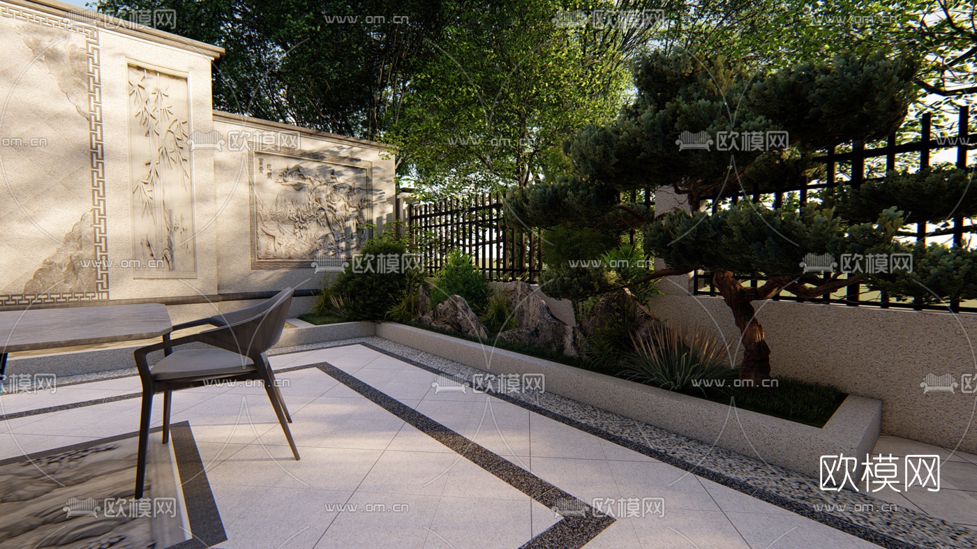 中式别墅庭院花园设计su模型下载（渲染图12）