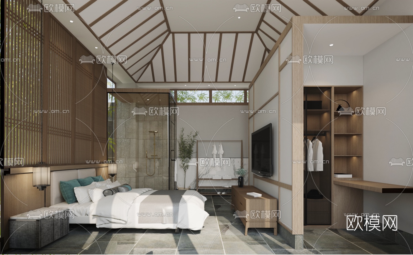 新中式民宿客房免费3d模型下载（渲染图1）