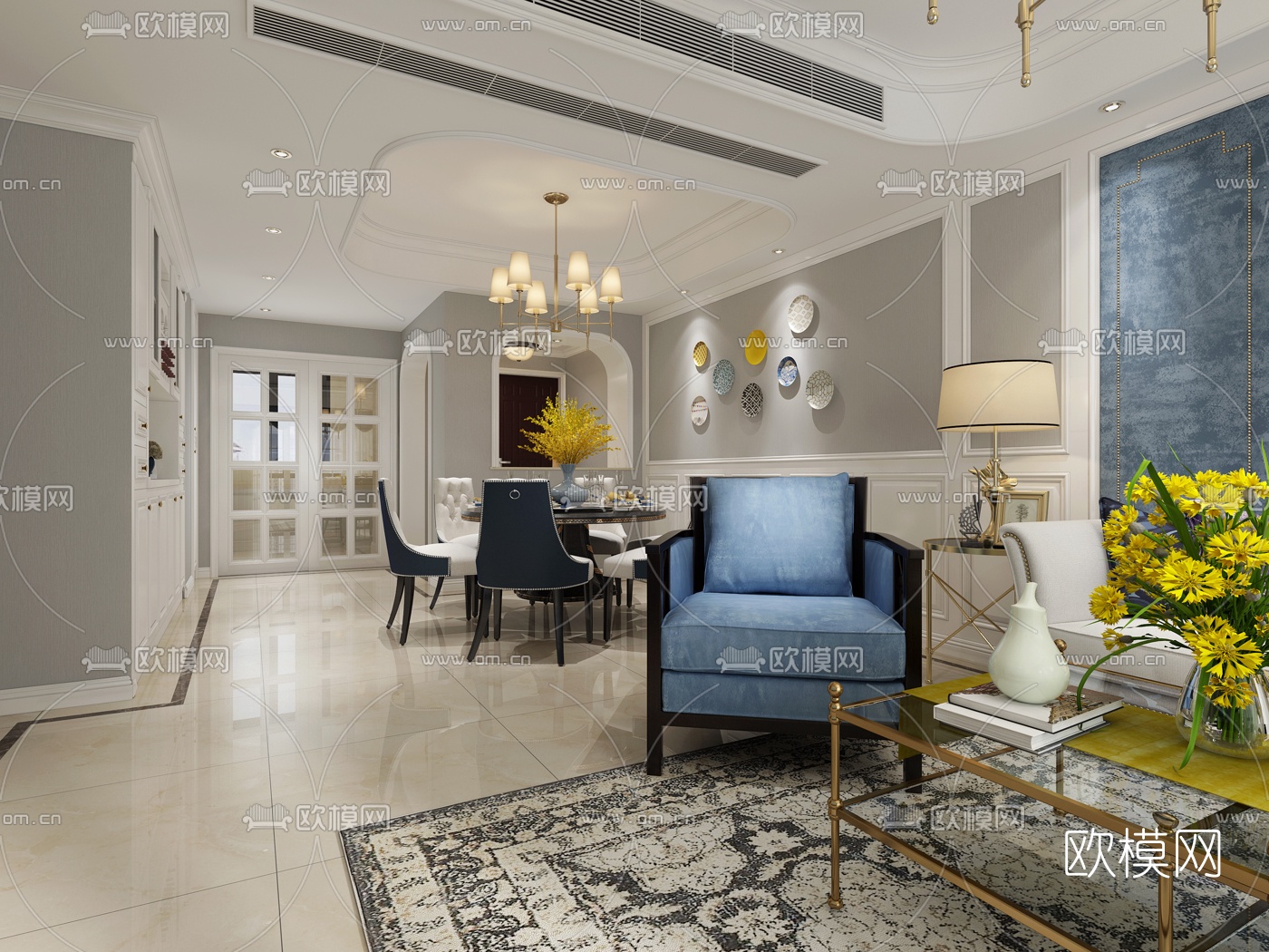 欧式客厅餐厅3D模型下载（渲染图3）
