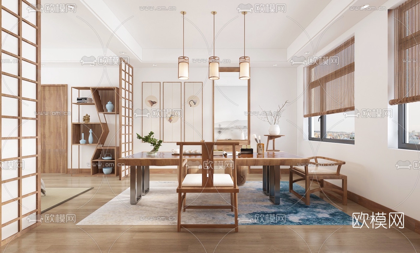 中式禅意主卧茶室3d模型下载（渲染图4）