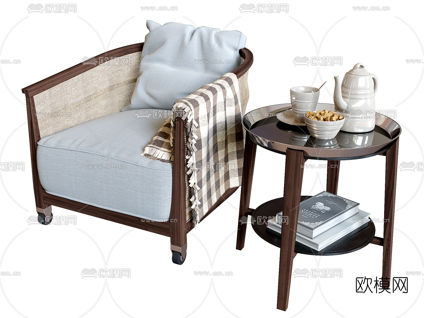新中式布艺单人沙发3d模型下载（渲染图1）