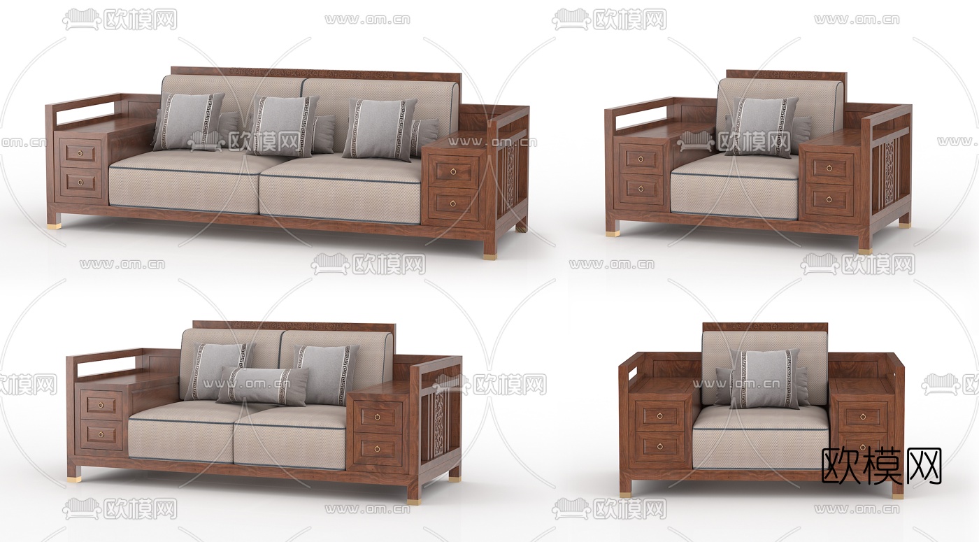 新中式布艺双人沙发3d模型下载