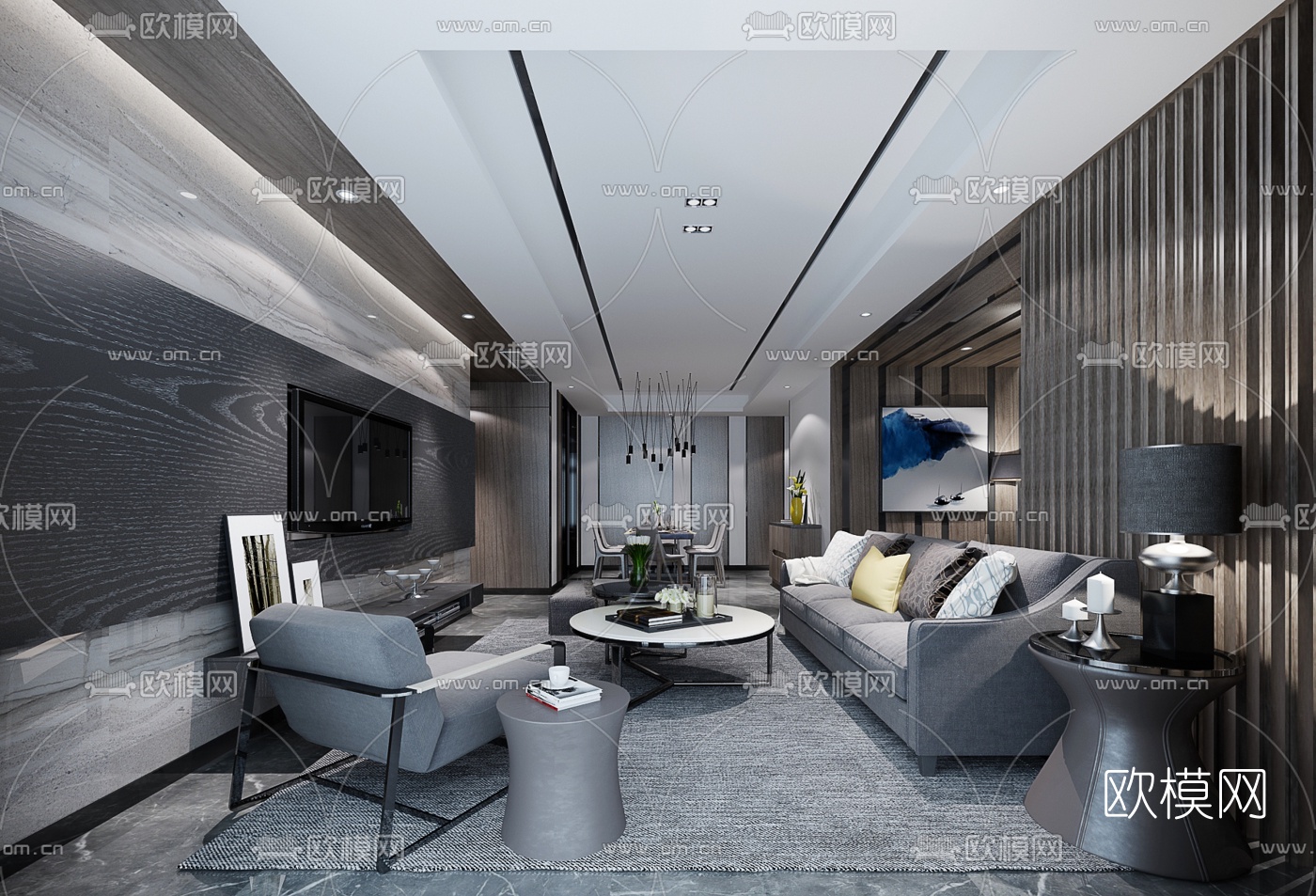 现代高级灰客厅餐厅3D模型