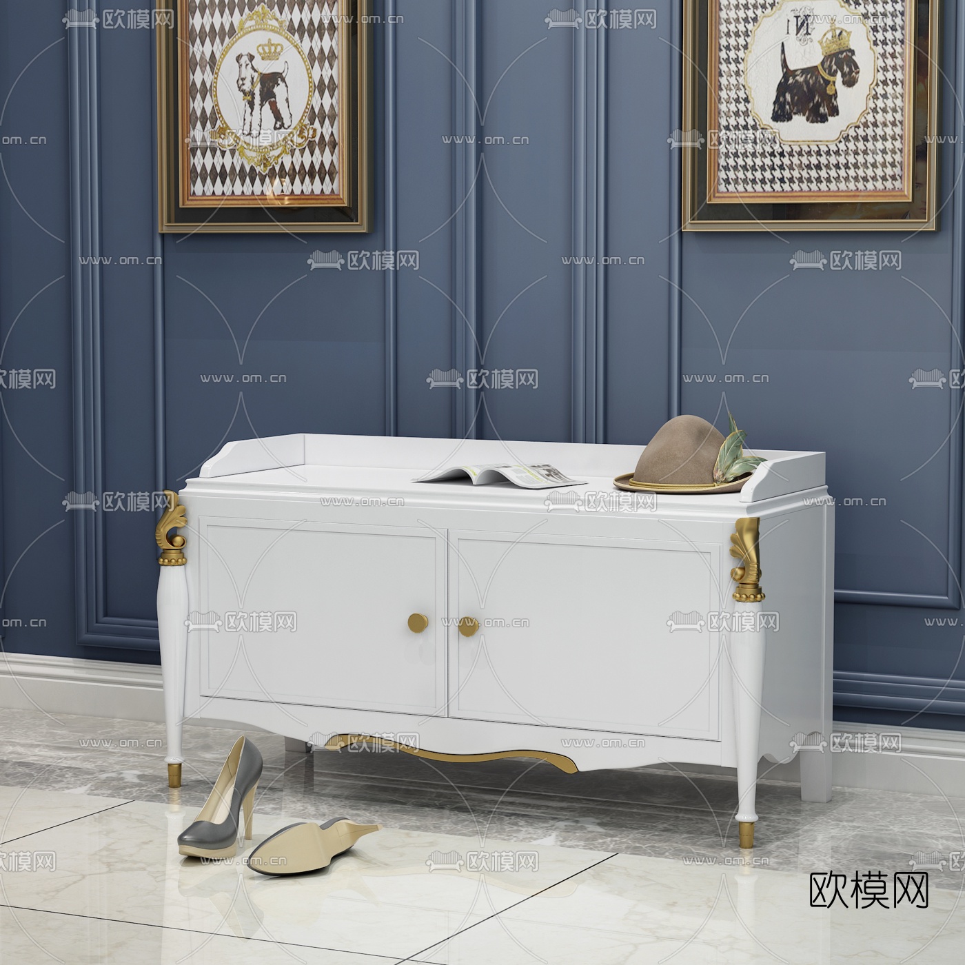 美式象牙白换鞋凳3d模型下载