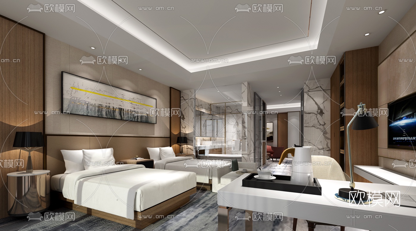 现代酒店客房双人房3d模型下载（渲染图1）