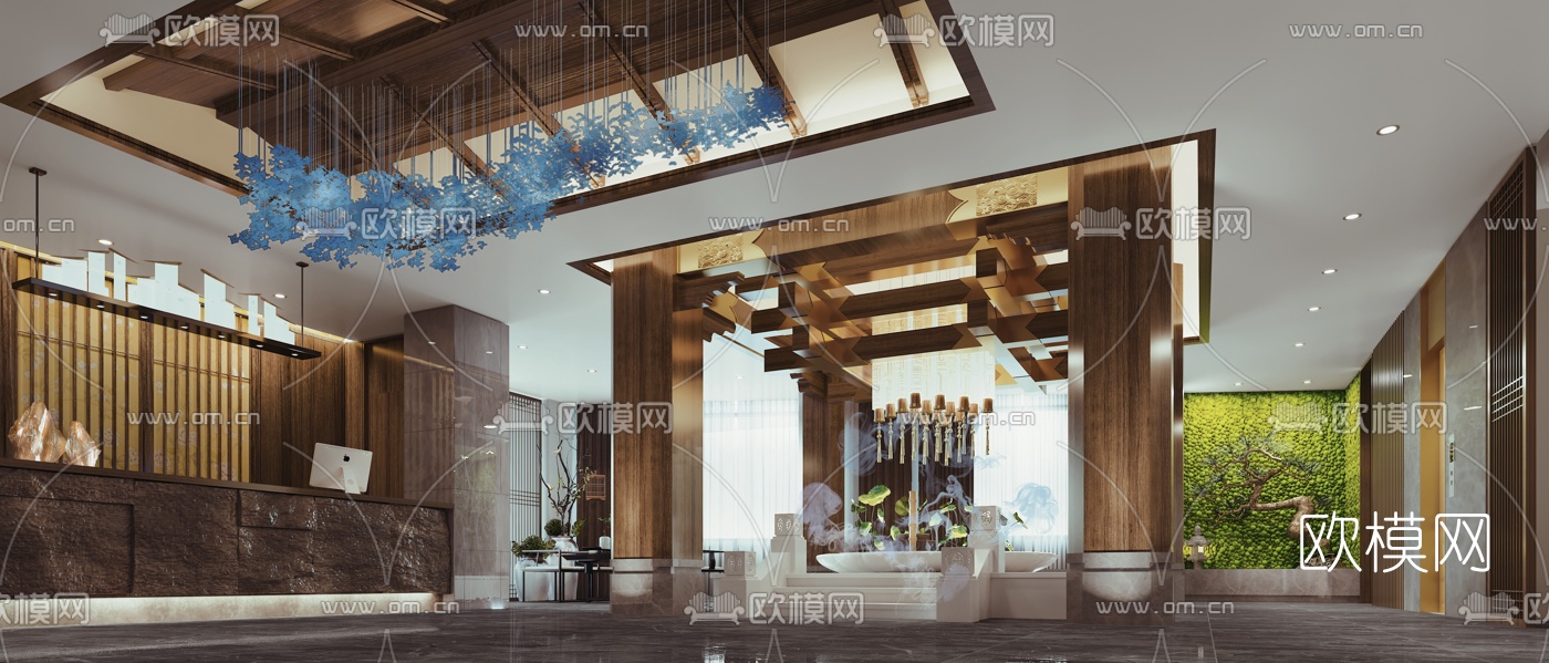 中式美容SPA会馆前台大厅3d模型下载（渲染图1）