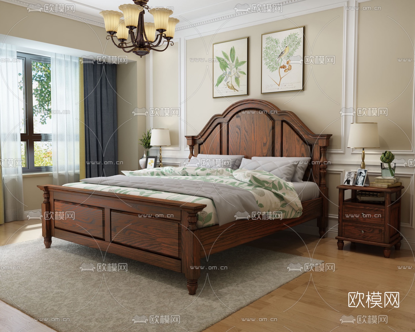 美式实木双人床3d模型下载（渲染图1）