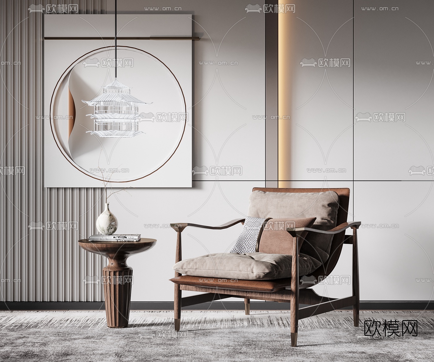 新中式布艺休闲椅3d模型下载