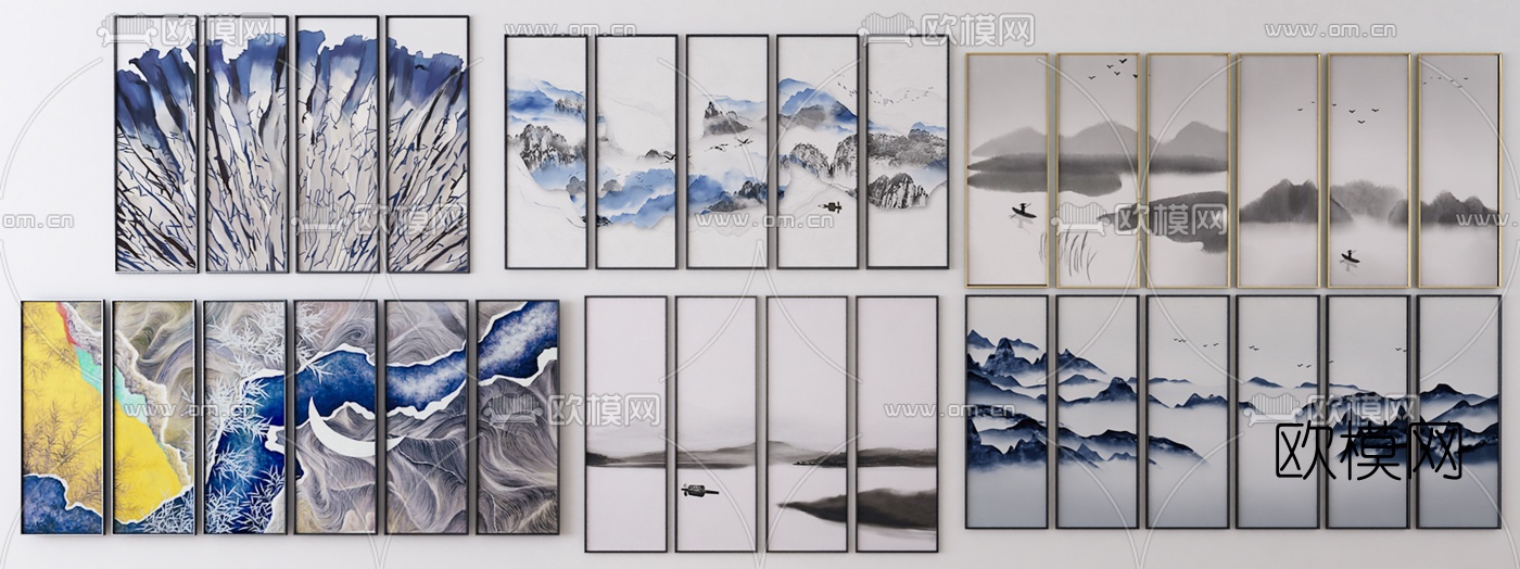 新中式水墨山水挂画3d模型
