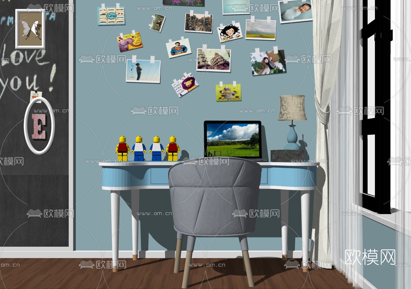 北欧儿童桌椅黑板组合su模型下载