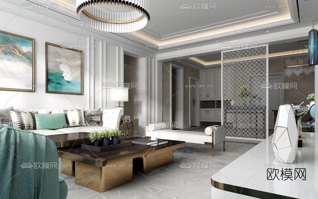 简欧客厅餐厅3D模型-免费3dmax模型库-欧模网