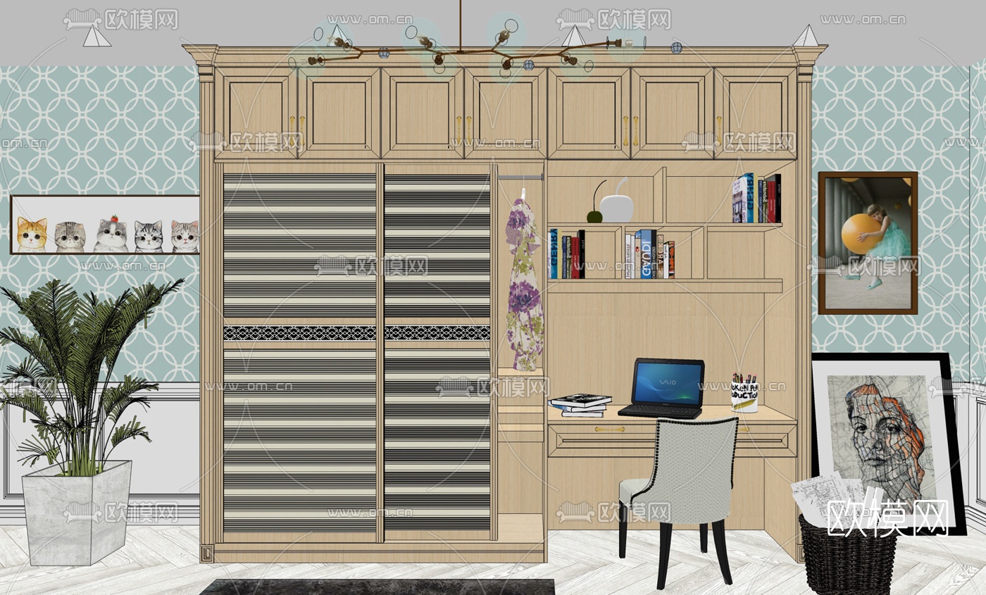 美式多功能衣柜su模型下载