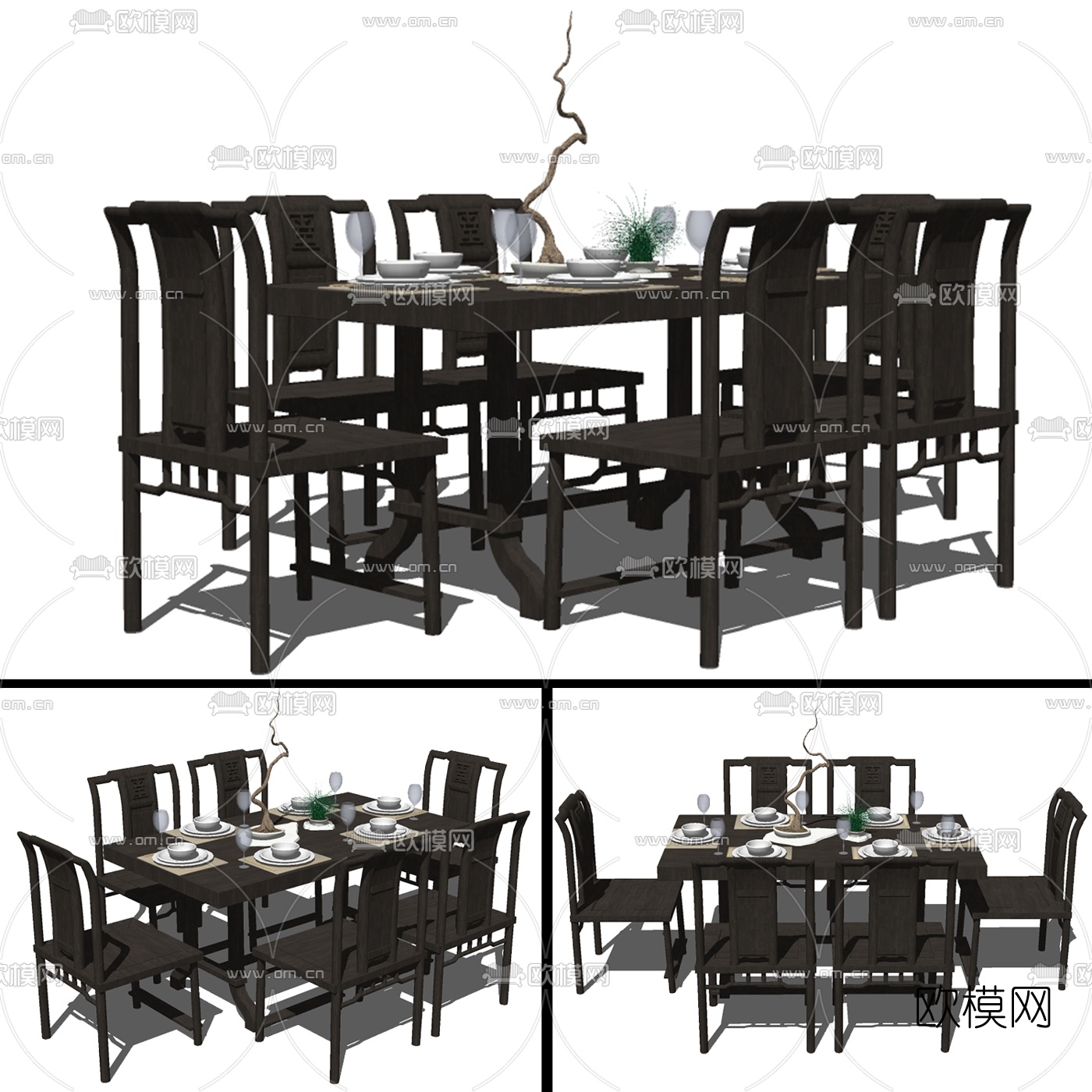 新中式实木餐桌椅免费su模型下载