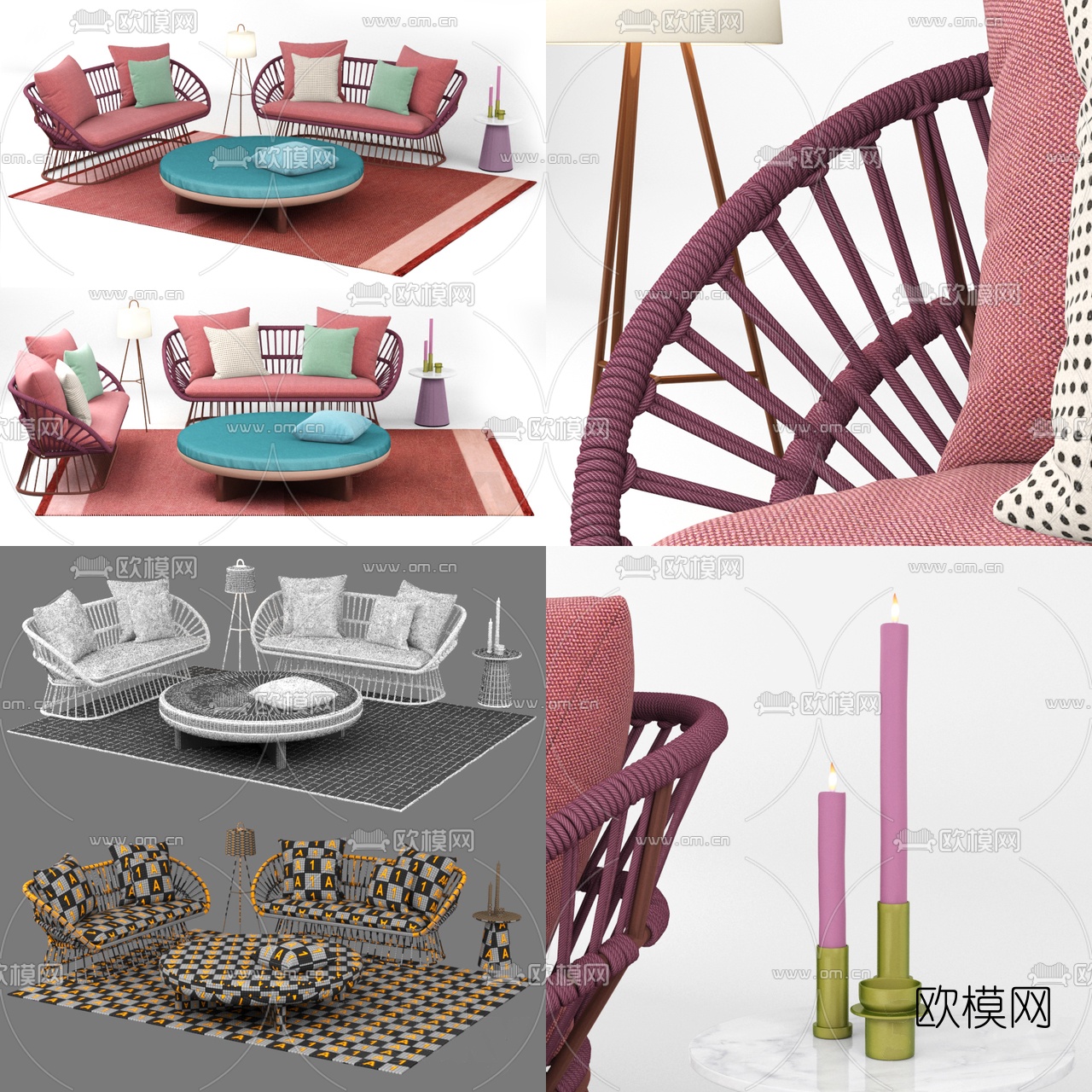 北欧藤编粉色布艺沙发组合3d模型下载_ID10362661_3dmax免费模型-欧模网