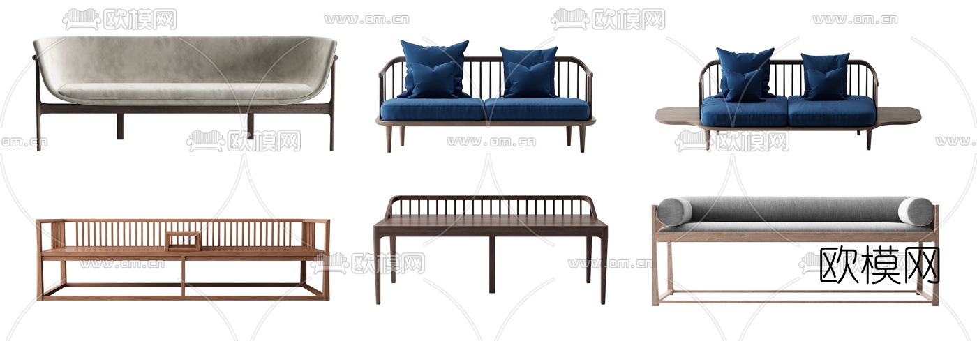 新中式布艺双人沙发su模型下载（渲染图2）
