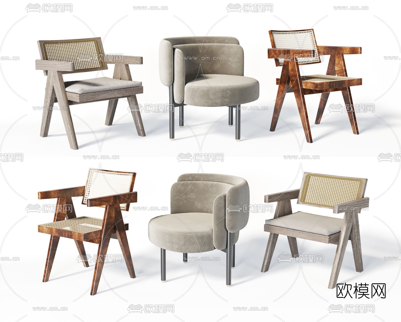 侘寂风实木藤编休闲椅3d模型下载