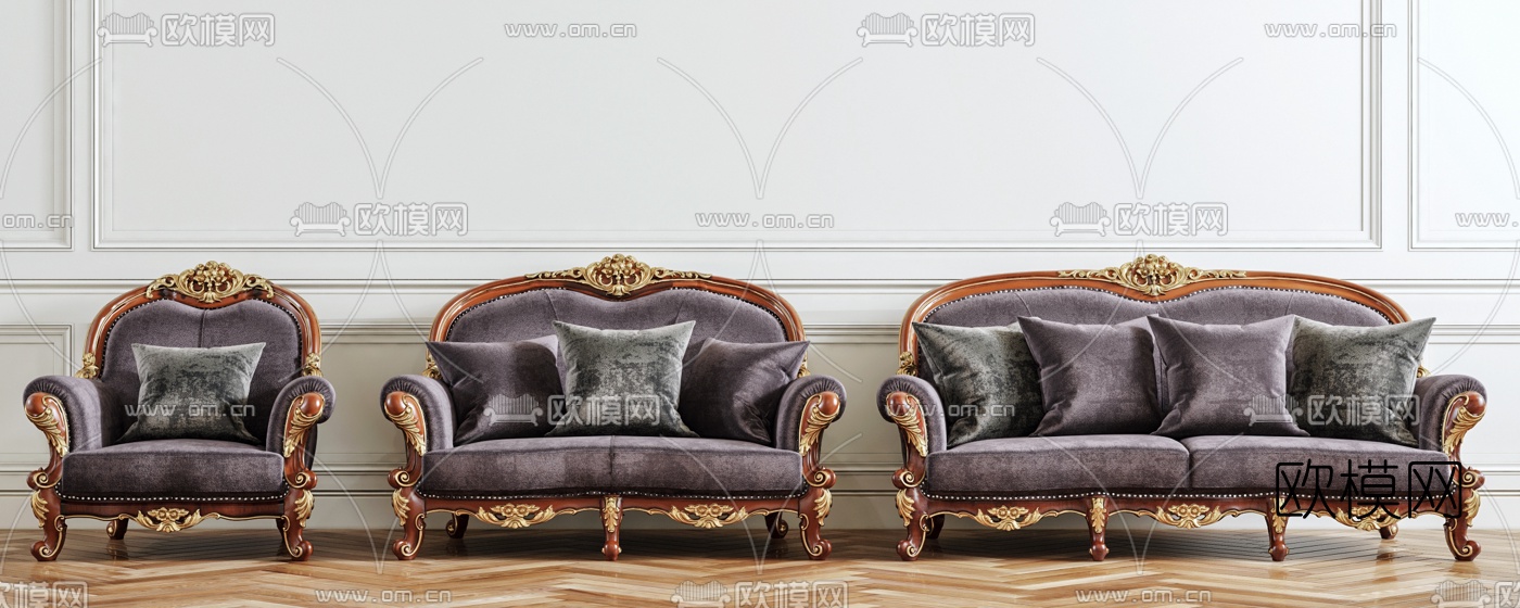 法式布艺多人双人单人沙发组合3D模型下载