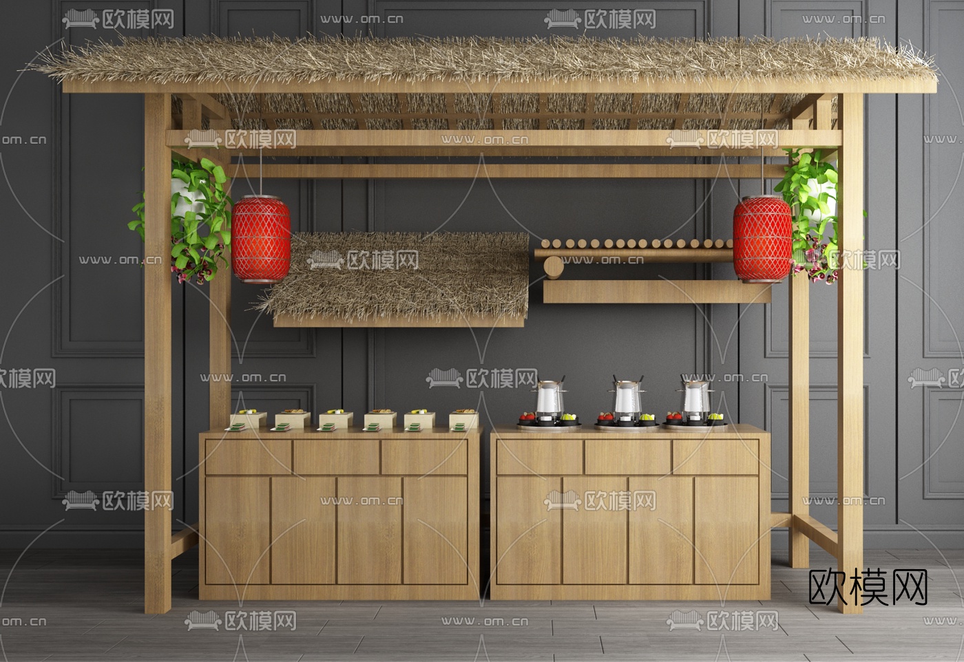 中式茅草屋檐小吃摊3d模型下载