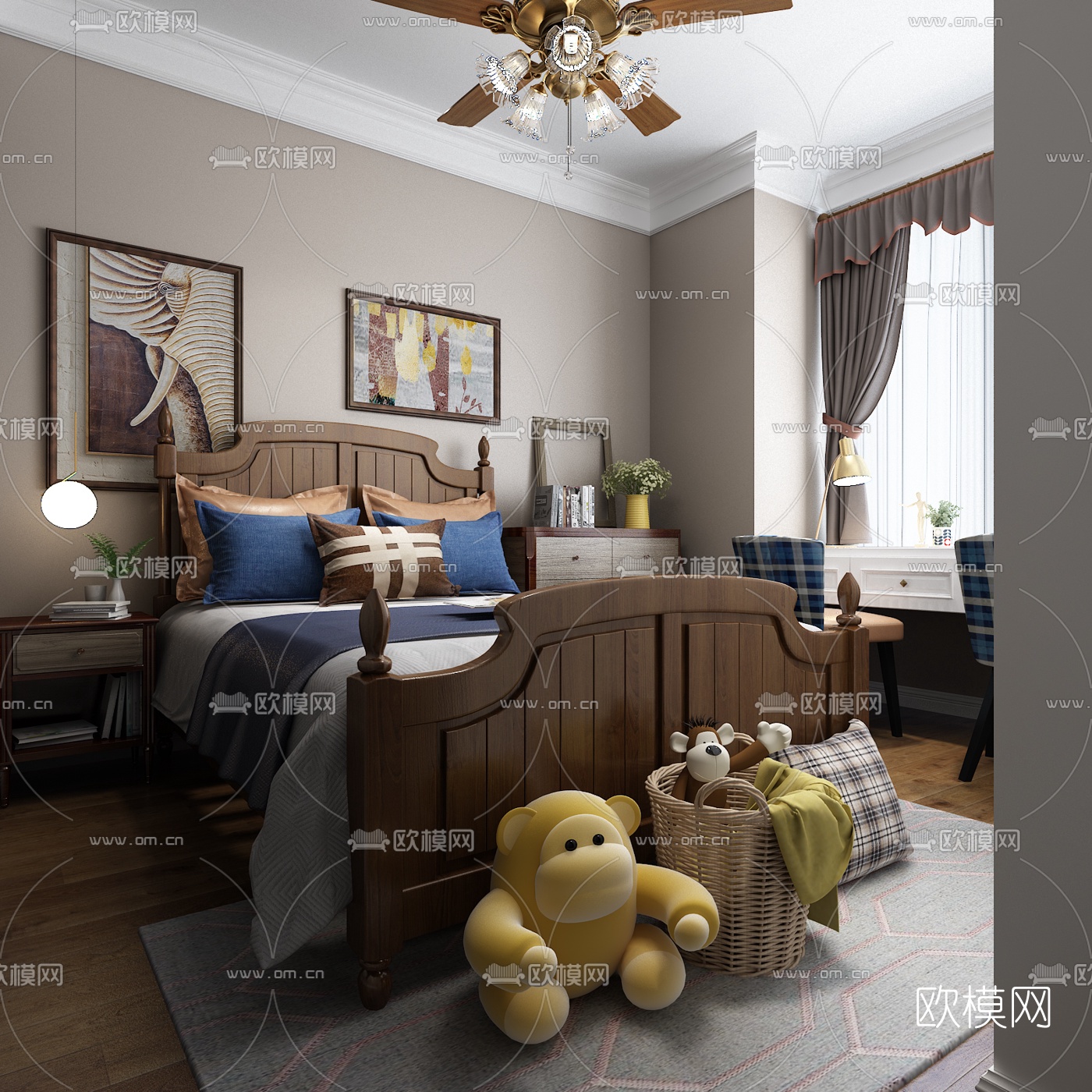 美式卧室3d模型-免费3dmax模型库-欧模网