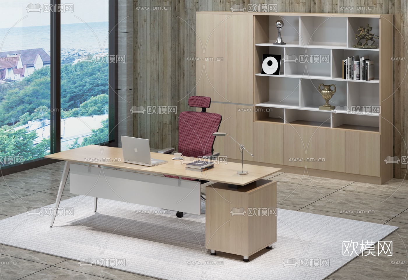 现代班台办公椅书柜组合3D模型下载