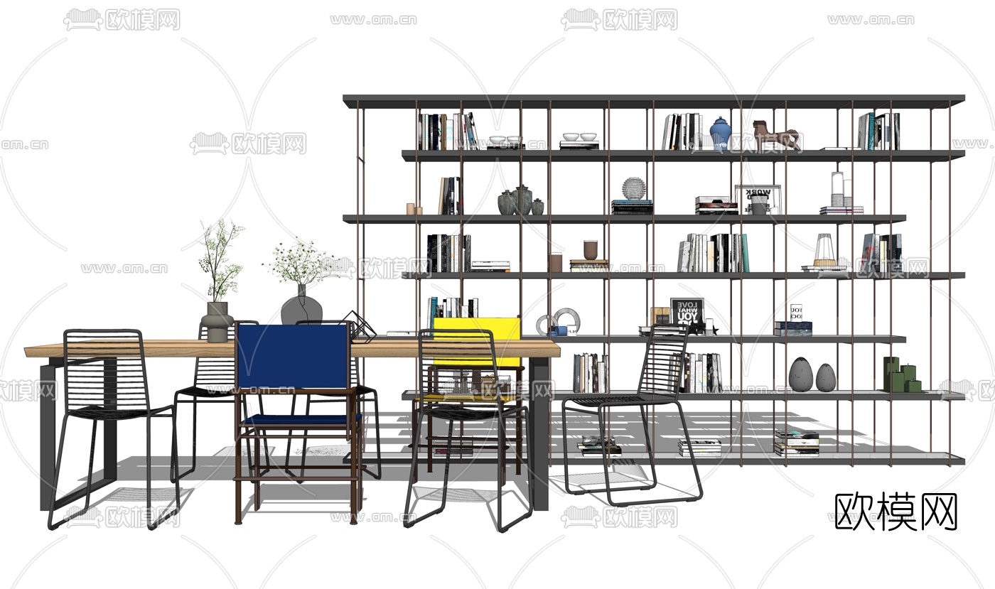 工业风书架会议桌su模型下载