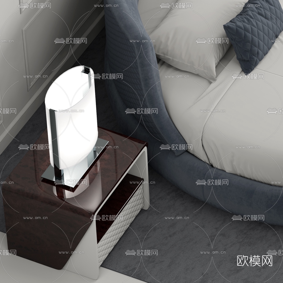 现代布艺圆床双人床床头柜台灯3D模型