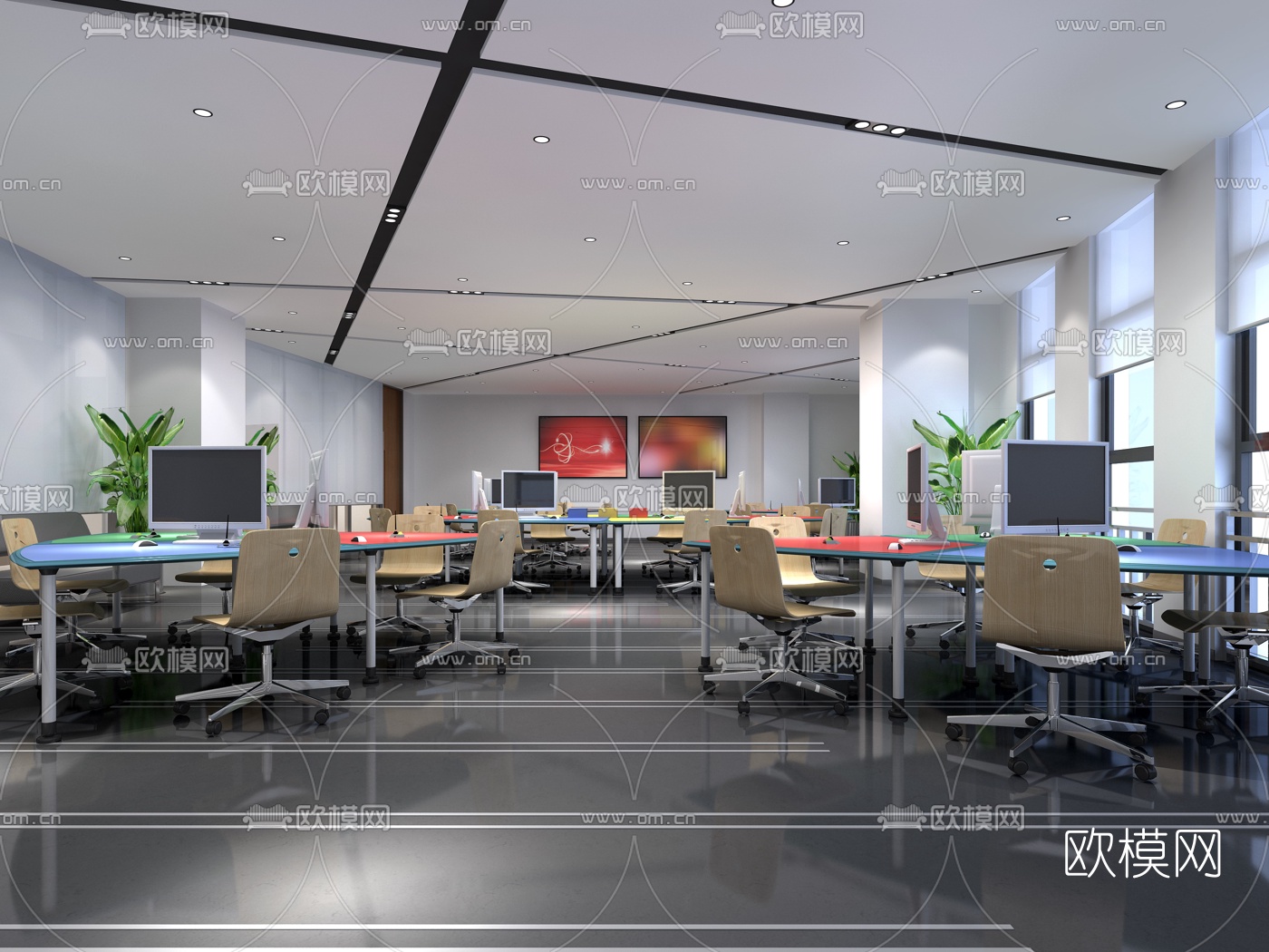 现代敞开式办公室走廊3D模型-免费3dmax模型库-欧模网