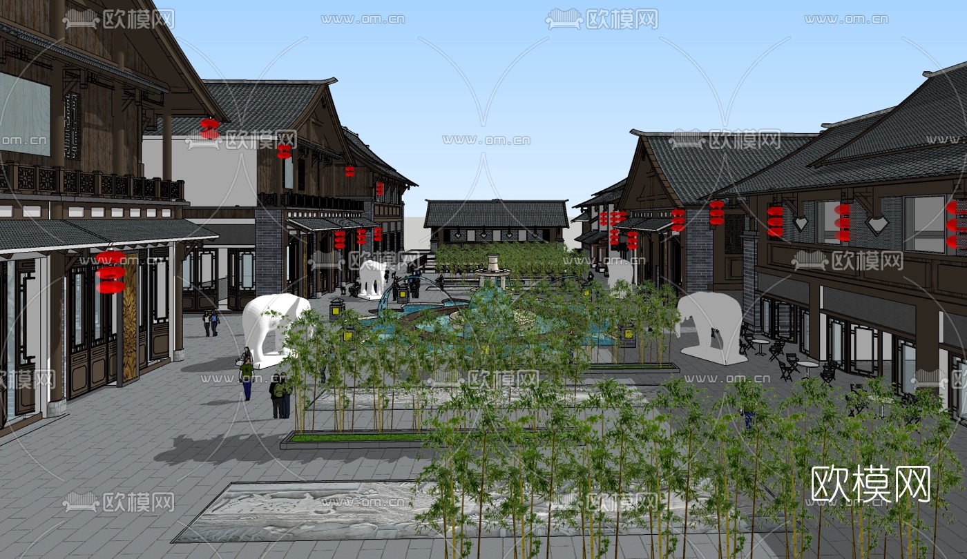 中式民俗商业街免费su模型下载