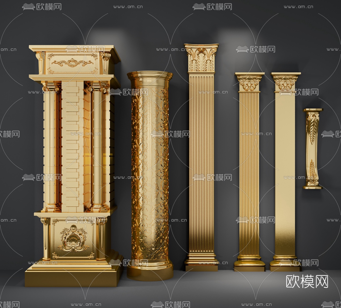 欧式金色罗马柱组合3d模型