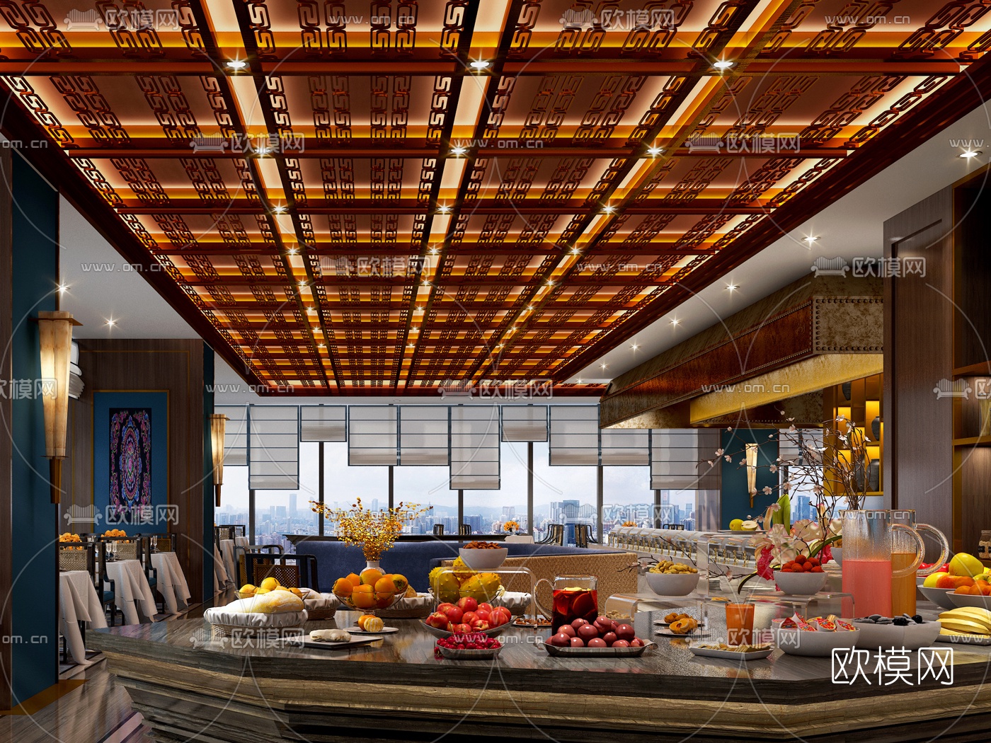 新中式自助餐厅3d模型下载（渲染图2）