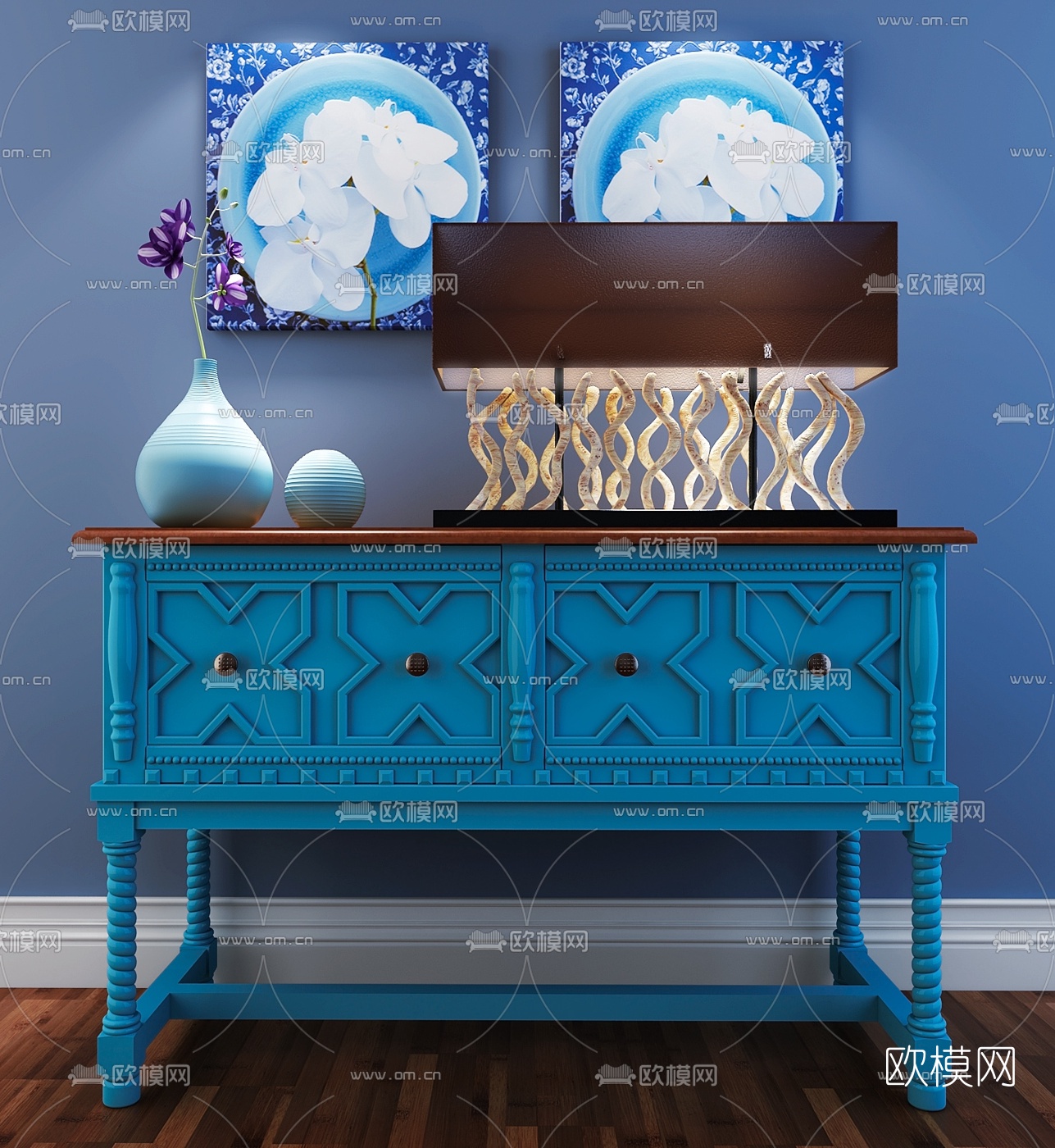 地中海风格端景柜台灯花瓶挂画组合3D模型下载