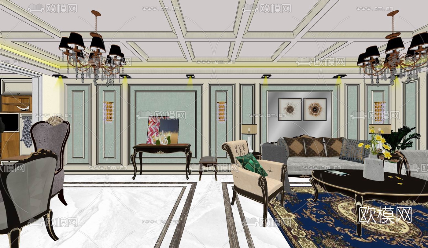 欧式客餐厅su模型下载（渲染图9）