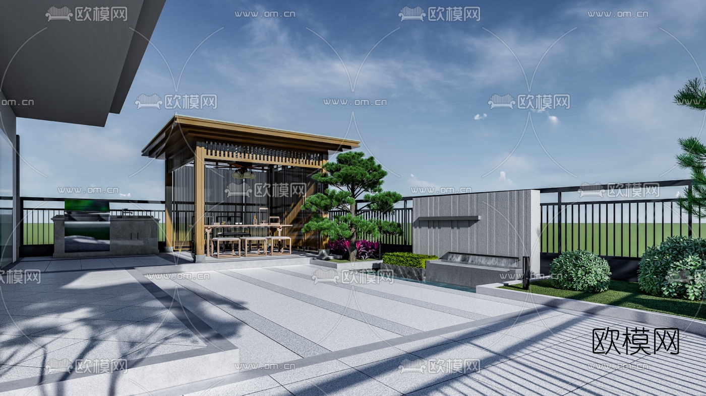 新中式庭院花园su模型下载（渲染图2）
