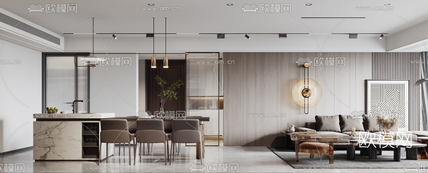现代客厅餐厅3d模型