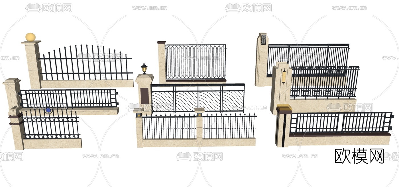 欧式围墙栏杆组合su模型下载（渲染图1）
