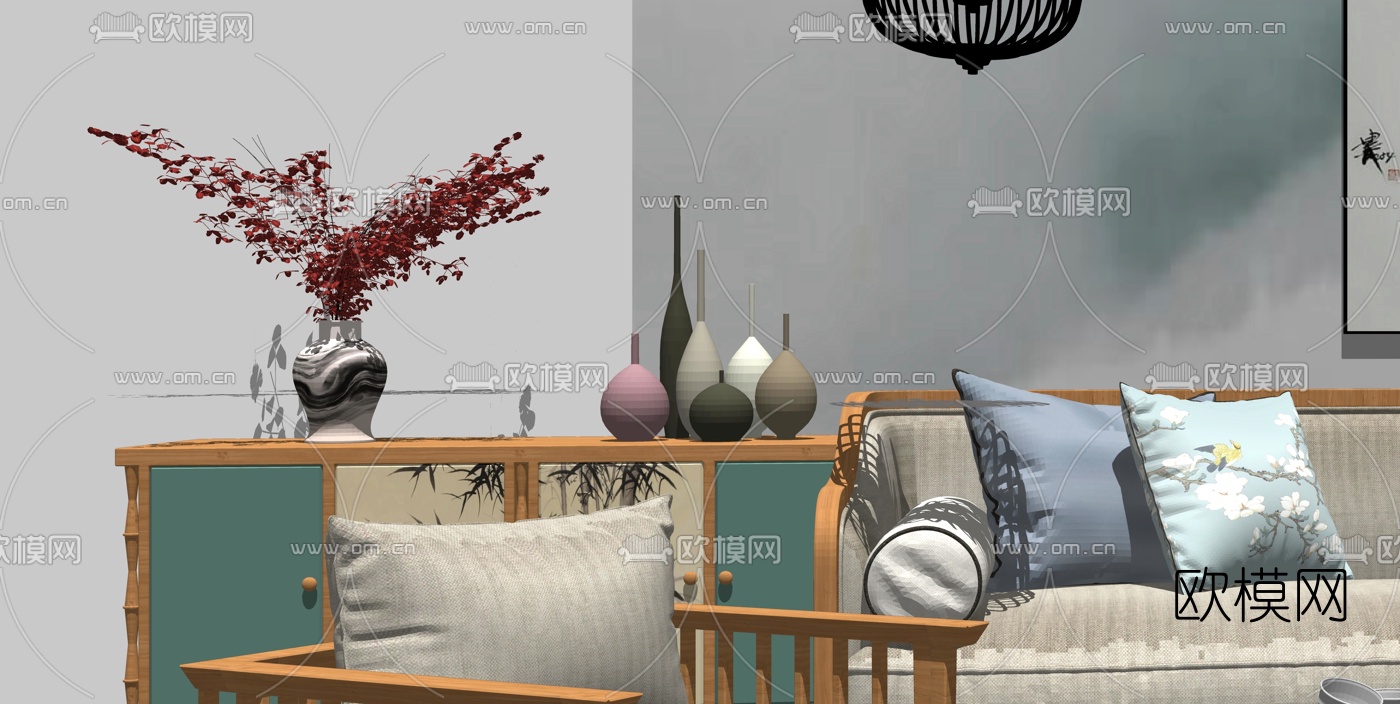 新中式沙发组合su模型下载（渲染图3）