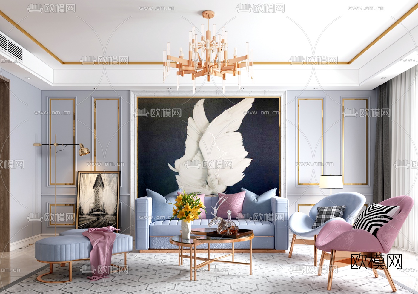 简欧布艺沙发组合3d模型下载