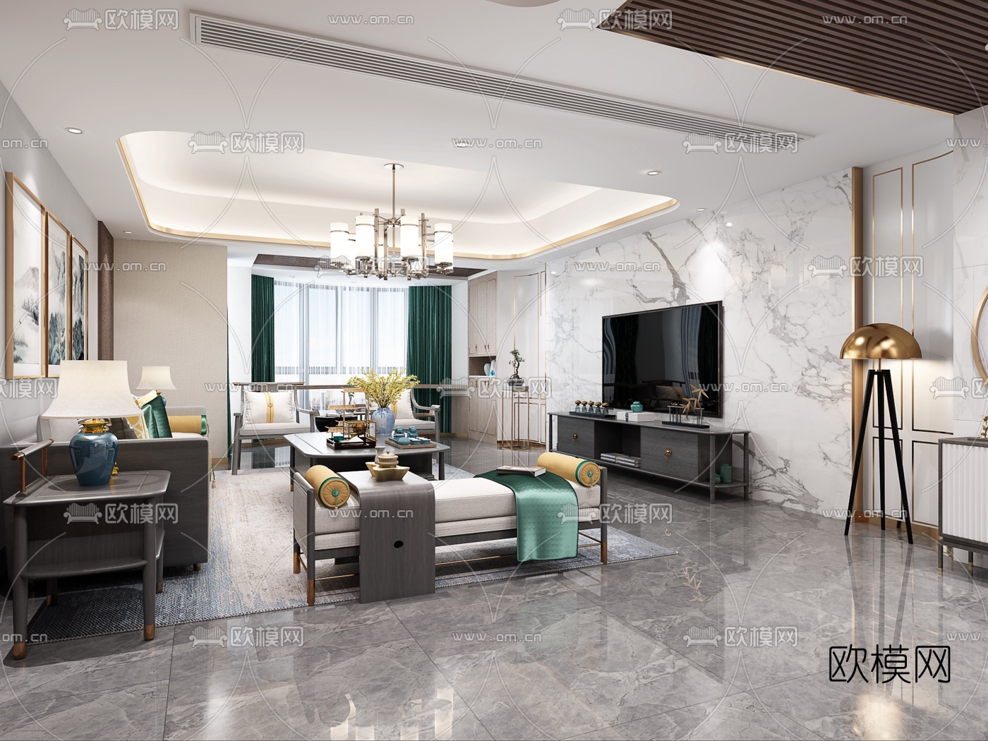 新中式客厅餐厅3d模型