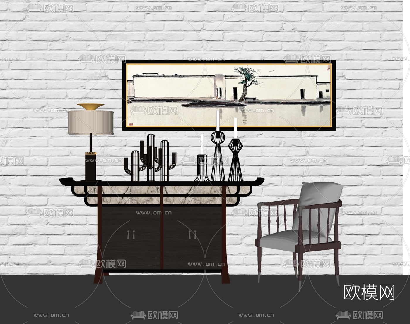 中式端景柜单椅su模型下载（渲染图1）
