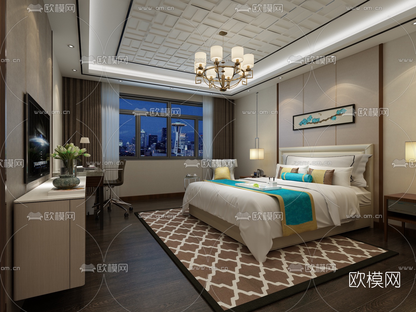 新中式酒店客房免费3d模型-免费3dmax模型库-欧模网