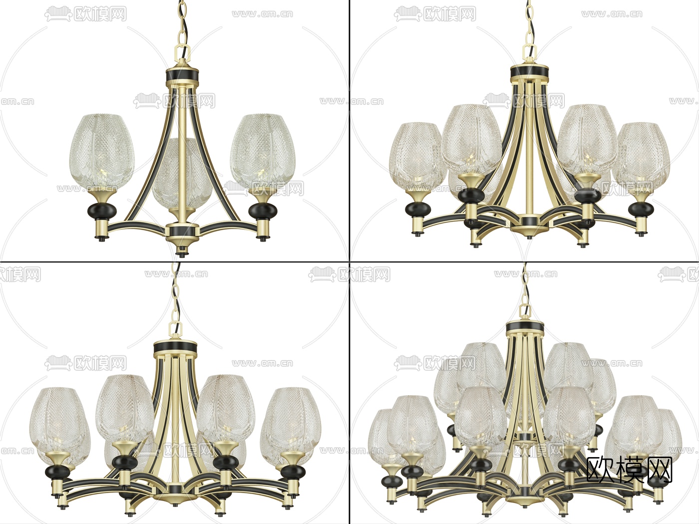 新中式金属玻璃多头吊灯3d模型下载（渲染图1）