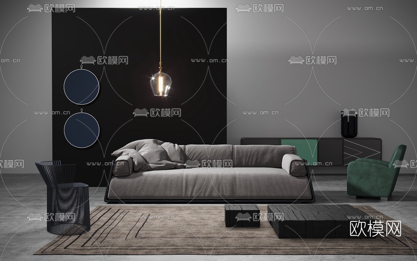 意大利BAXTER品牌现代布艺沙发茶几吊灯3D模型下载（渲染图1）