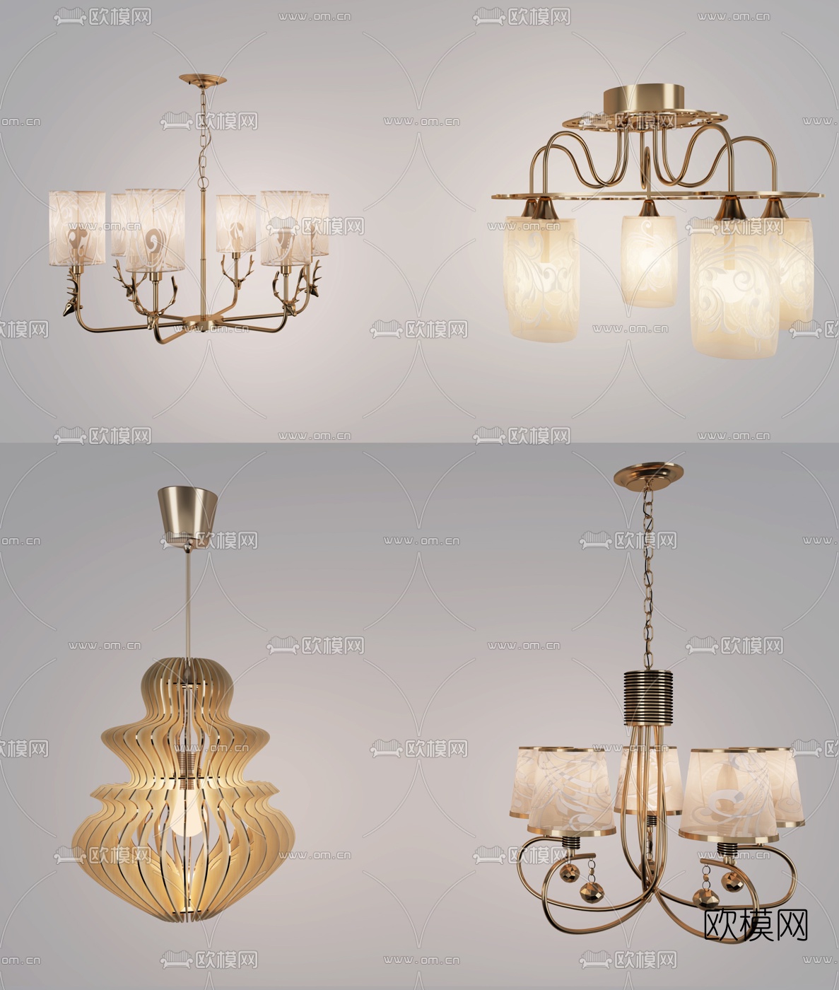 简欧金属多头吊灯3d模型下载（渲染图1）