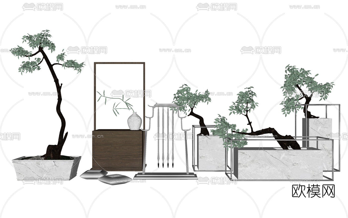 新中式盆栽摆件组合su模型下载（渲染图1）