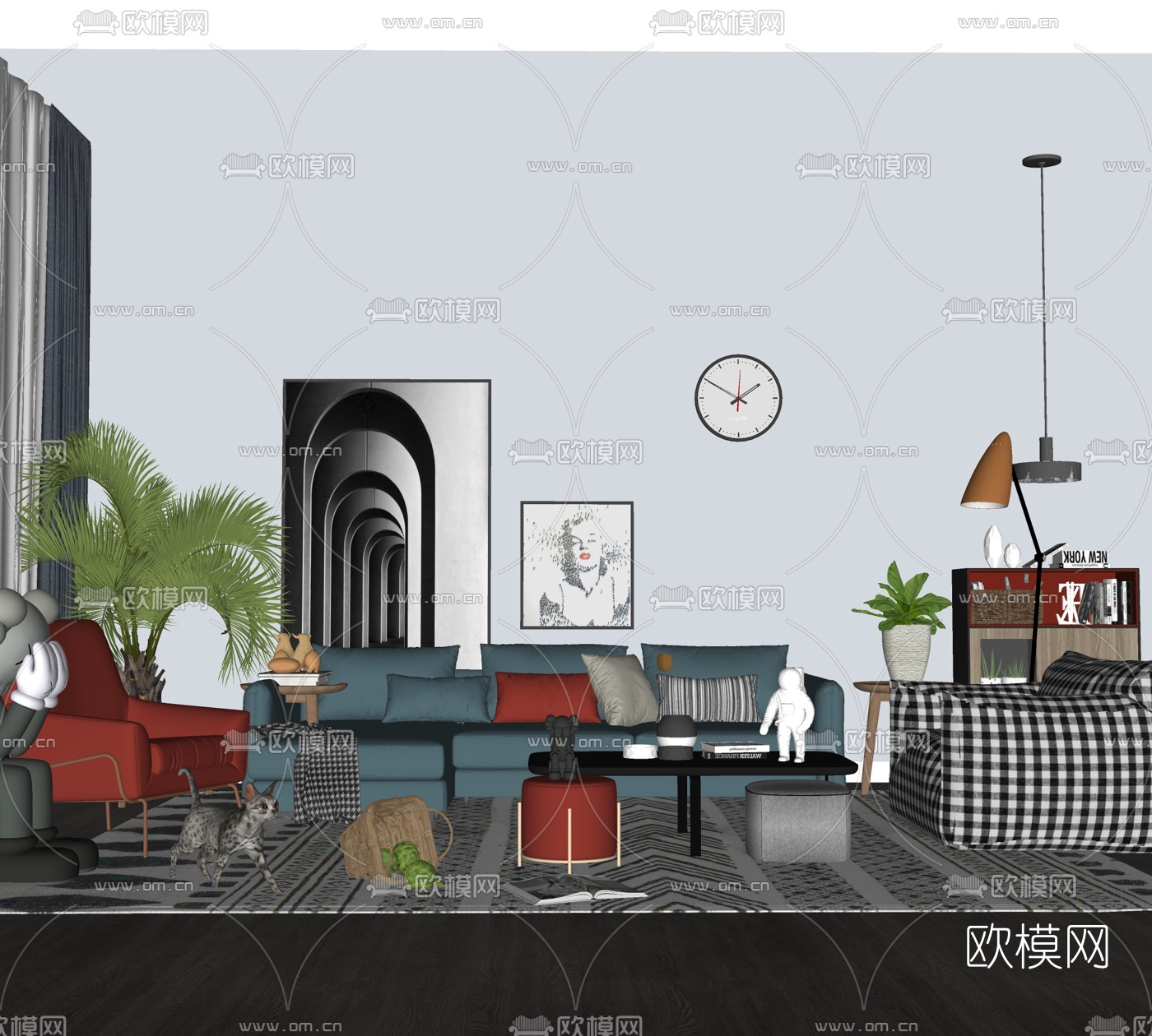 现代布艺组合沙发免费su模型下载