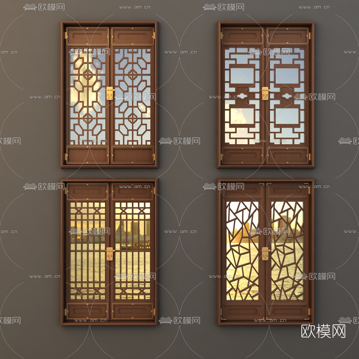 中式实木雕花门3d模型下载