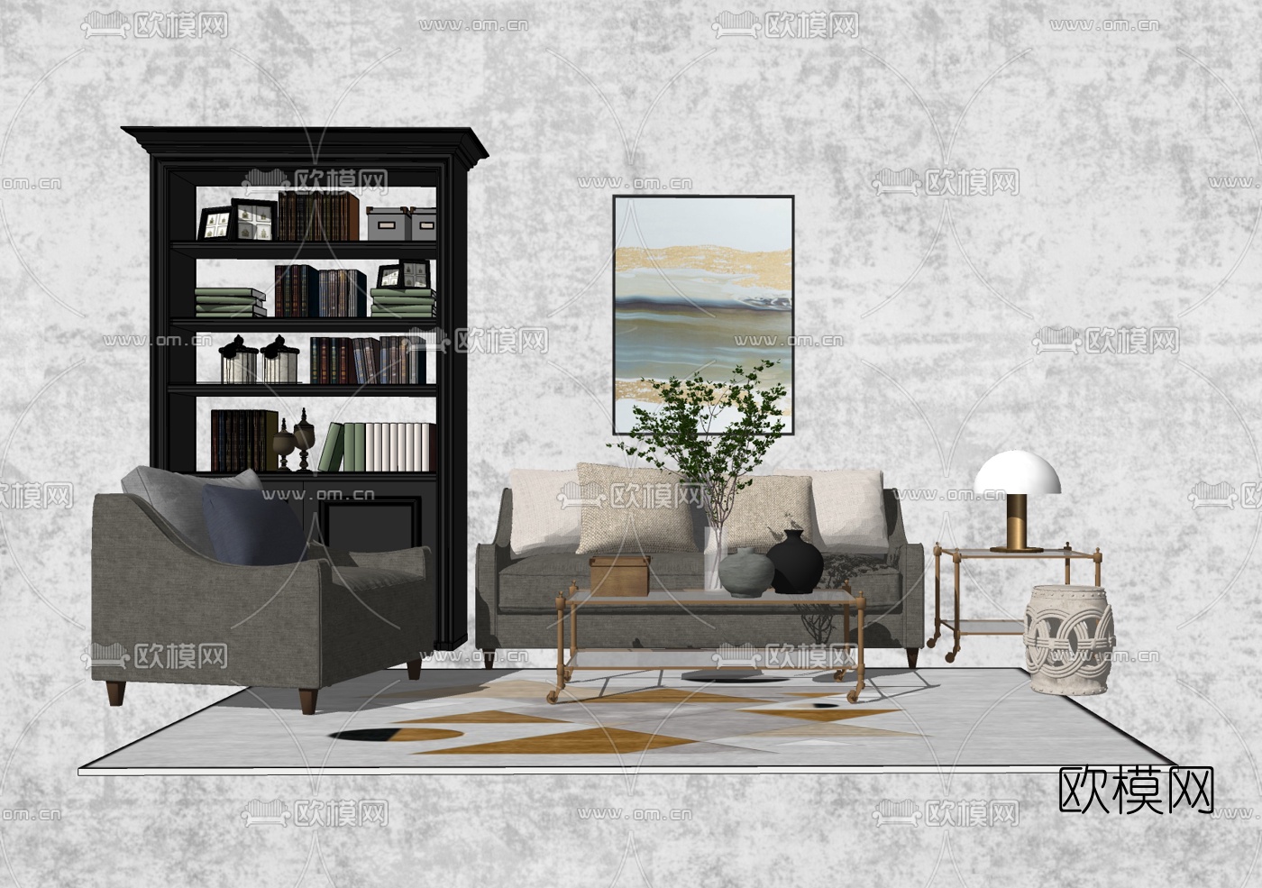 美式布艺沙发组合su模型下载（渲染图2）