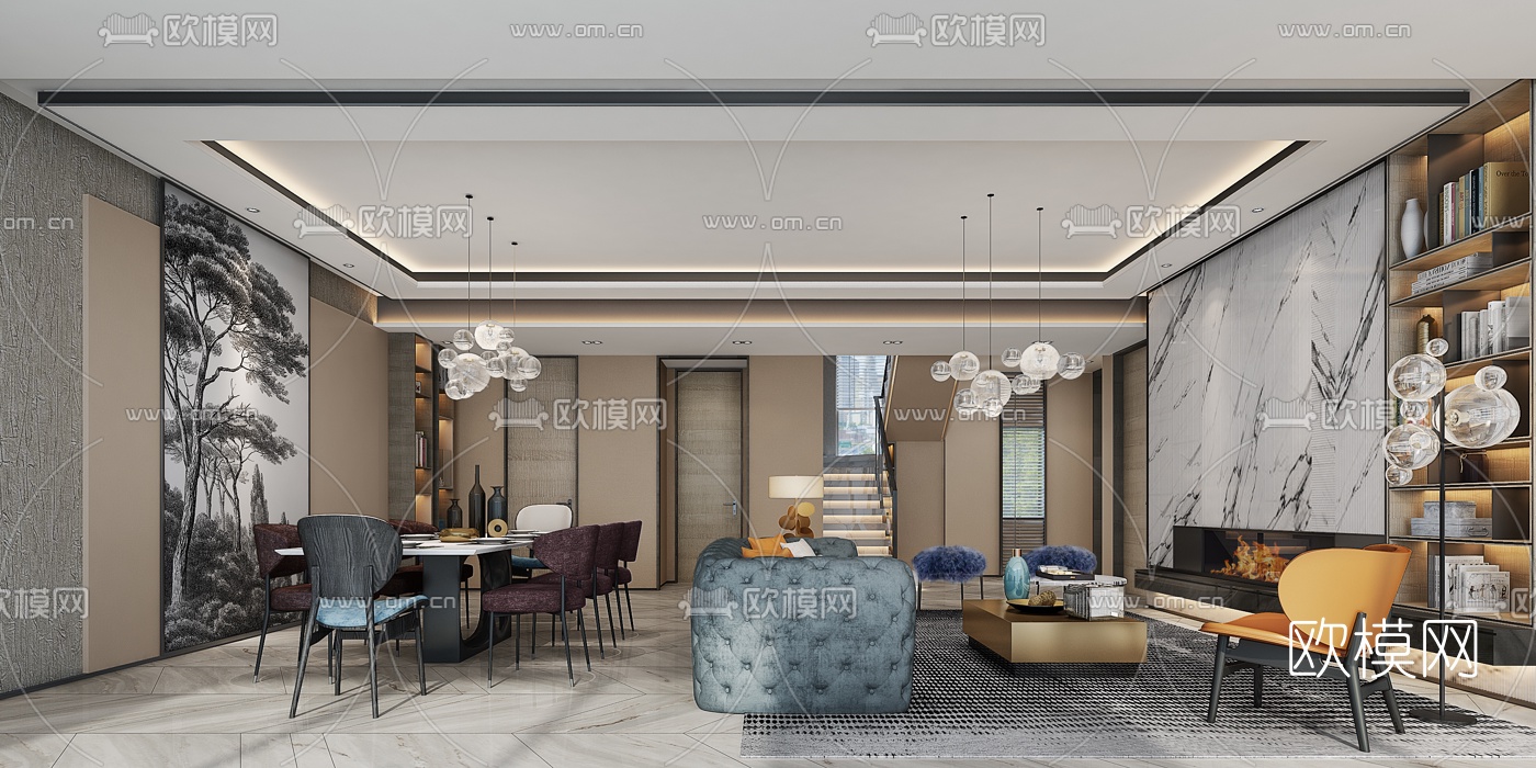 后现代客厅餐厅3d模型下载