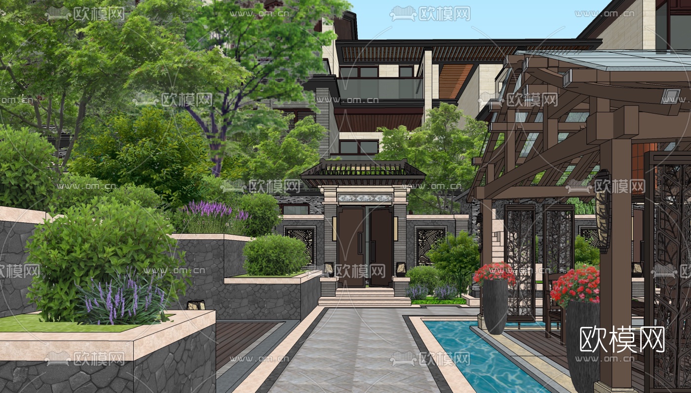 新中式别墅su模型下载（渲染图4）