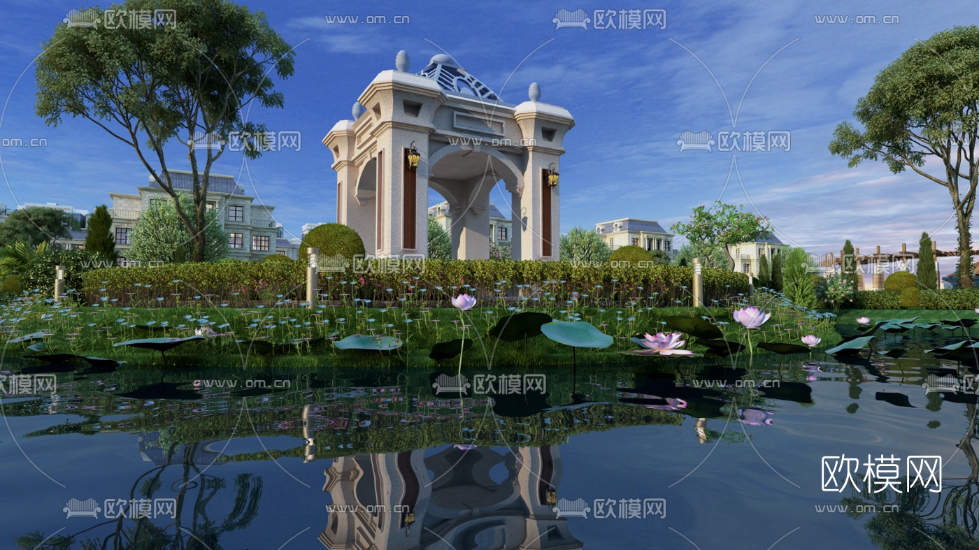 欧式小区亭子园林景观3d模型下载（渲染图2）